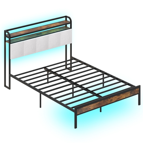 Gymax Queen Size Bed Frame w/ LED Light & Charging Station Heavy Duty Metal Platform Bed