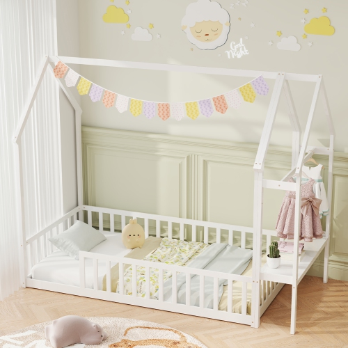 Gymax Twin House Floor Bed w/ Storage Shelf & Detachable Clothes Hanger Guardrails