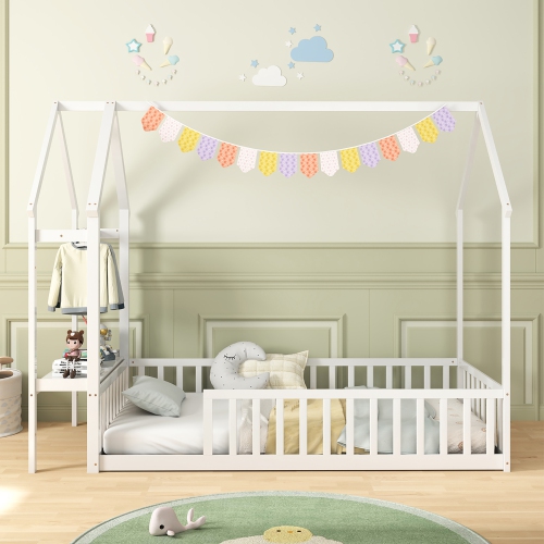 Gymax Twin House Floor Bed w/ Storage Shelf & Detachable Clothes Hanger Guardrails