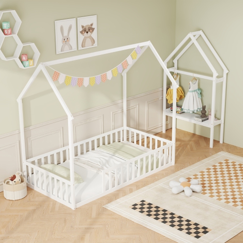 Gymax Twin House Floor Bed w/ Storage Shelf & Detachable Clothes Hanger Guardrails