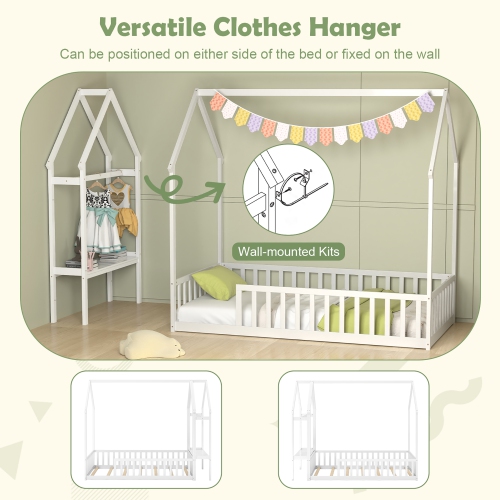 Gymax Twin House Floor Bed w/ Storage Shelf & Detachable Clothes Hanger Guardrails