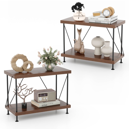 GYMAX  2PCs 2-Tier Multipurpose Display Rack Freestanding Bookshelf W/ Metal Frame Walnut