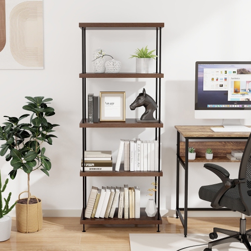 Gymax 5-Tier Multipurpose Display Rack Freestanding Bookshelf w/ Metal Frame Walnut
