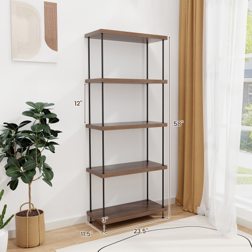 Gymax 5-Tier Multipurpose Display Rack Freestanding Bookshelf w/ Metal Frame Walnut