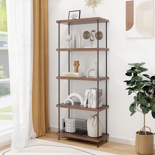 Gymax 5-Tier Multipurpose Display Rack Freestanding Bookshelf w/ Metal Frame Walnut