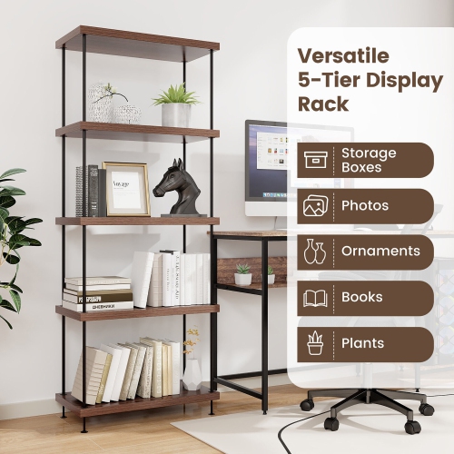 Gymax 5-Tier Multipurpose Display Rack Freestanding Bookshelf w/ Metal Frame Walnut
