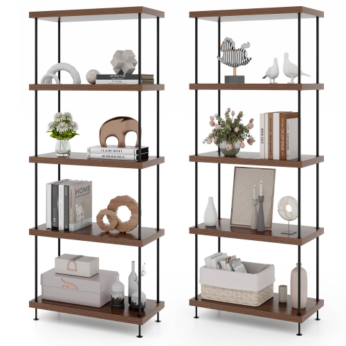 GYMAX  2PCs 5-Tier Multipurpose Display Rack Freestanding Bookshelf W/ Metal Frame Walnut