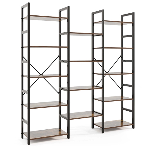 GYMAX  5-Tier Industrial Bookshelf Heavy-Duty Metal Frame Bookcases W/ 14 Open Shelves