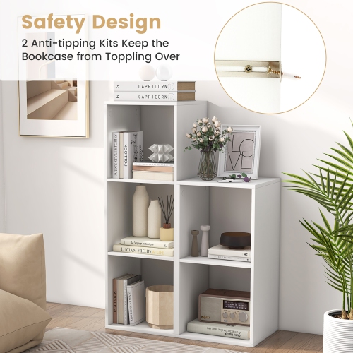 Gymax 3-Cube Bookshelf Modern Vertical Bookcase w/ Back Guardrail & Anti-tipping Kits