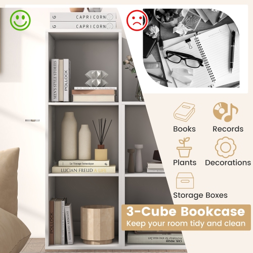 Gymax 3-Cube Bookshelf Modern Vertical Bookcase w/ Back Guardrail & Anti-tipping Kits