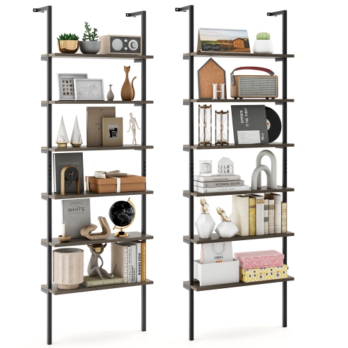 GYMAX  2 PCs 6-Tier Ladder Shelf 72 Inches Industrial Wall Mounted Bookshelf