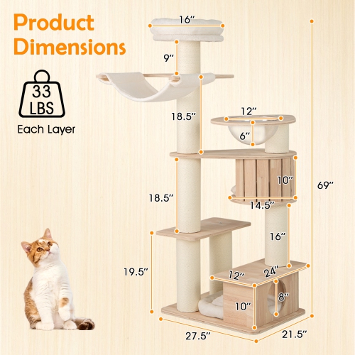 Gymax 69'' Tall Cat Tree Wooden Kitten Tower w/ 2 Condos Cozy Top Perch Space Capsule
