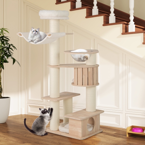 Gymax 69'' Tall Cat Tree Wooden Kitten Tower w/ 2 Condos Cozy Top Perch Space Capsule