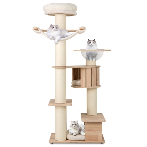 Gymax 69'' Tall Cat Tree Wooden Kitten Tower w/ 2 Condos Cozy Top Perch Space Capsule