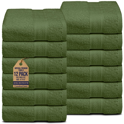 Canadian Linen Washcloths, 12 Pack 12”x12”, Lightweight Quick Dry Cotton Soft Absorbent Wash Cloth for Home, Hair Spa, Kitchen, Motel, Gym, Olive