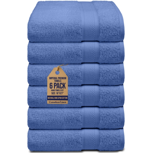 CANADIAN LINEN  Imperial Hand Towels, 6 Pack, 16”X27”, Lightweight Quick Dry Soft Absorbent Cotton Towels for Home, Salons, Spa, Gyms, Pool