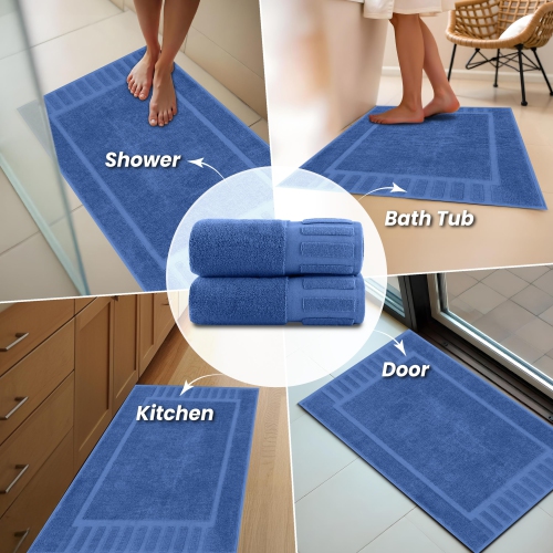 Canadian Linen Imperial Bathmats, 2 Pack, 20"x30", Washable Lightweight Quick Dry Soft Absorbent Cotton Shower Mats with Piano Keys Design, Capri Blue