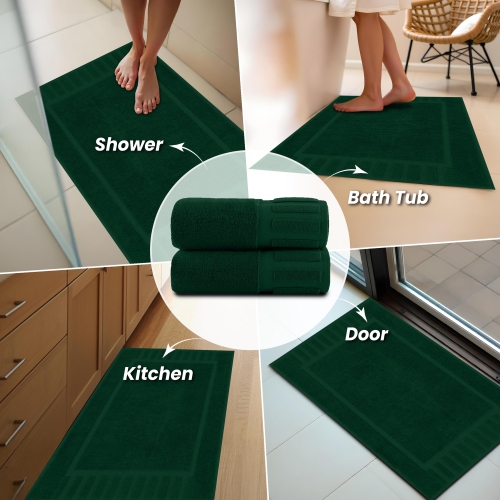 Canadian Linen Imperial Bathmats, 2 Pack, 20"x30", Soft Absorbent Cotton Lightweight Quick Dry Washable Tub Mats with Piano Keys Design, Hunter Green