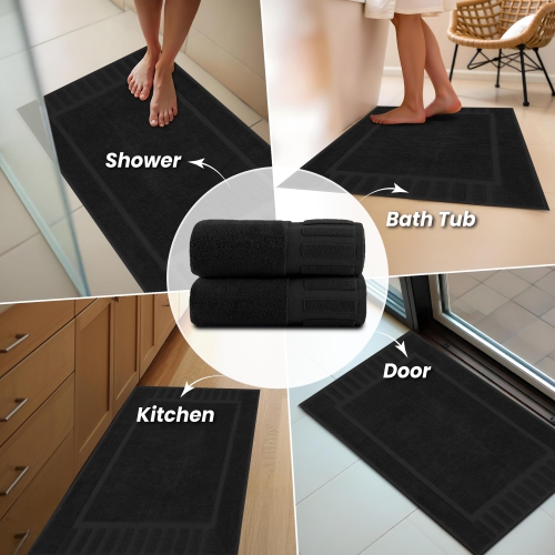 Canadian Linen Imperial Bathmats, 2 Pack, 20"x30", Lightweight Quick Dry Washable Tub Soft Absorbent Cotton Shower Mats with Piano Keys Design, Black