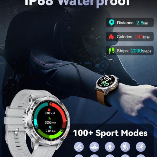 Military Smart Watch for Men, with GPS, Compass, Altitude, Air Pressure, LED Flashlight, 10ATM Waterproof, 530mAh, 100+ Sport Modes Fitness Tracker,