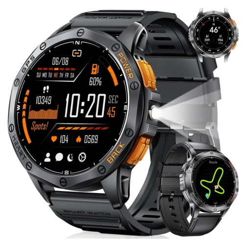 Military Smart Watch for Men, with GPS, Compass, Altitude, Air Pressure, LED Flashlight, 10ATM Waterproof, 530mAh, 100+ Sport Modes Fitness Tracker,