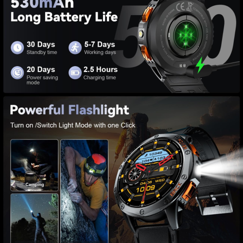 Military Smart Watch for Men, with GPS, Compass, Altitude, Air Pressure, LED Flashlight, 10ATM Waterproof, 530mAh, 100+ Sport Modes Fitness Tracker,