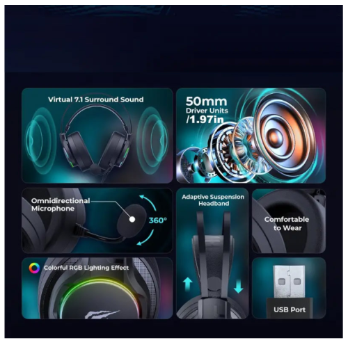 Havit H2007U Wired USB 7.1 RGB Gaming headset with Microphone_Black