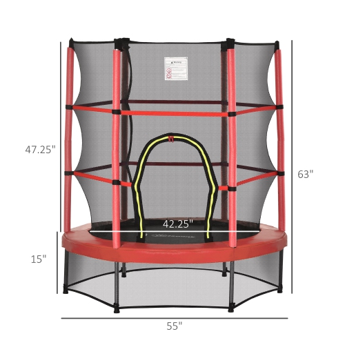 Outsunny 55" Kids Trampoline with Enclosure Net Steel Frame Indoor Round Bouncer Rebounder Age 3 to 6 Years Old, Red