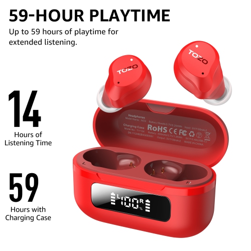 TOZO New Upgrade NC9 True Wireless Earbuds In-ear LED Digital Power Display with 6 Mics ANC Noise Cancel IPX8 Waterproof Stereo Bass Heasets-Red