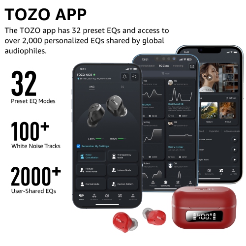 TOZO New Upgrade NC9 True Wireless Earbuds In-ear LED Digital Power Display with 6 Mics ANC Noise Cancel IPX8 Waterproof Stereo Bass Heasets-Red