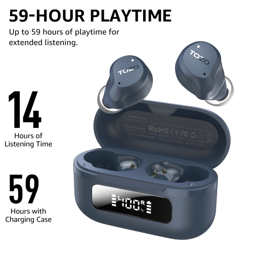 TOZO New Upgrade NC9 True Wireless Earbuds In-ear LED Digital Power Display with 6 Mics ANC Noise Cancel IPX8 Waterproof Stereo Bass Heasets-Navy Blue