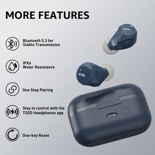 TOZO New Upgrade NC9 True Wireless Earbuds In-ear LED Digital Power Display with 6 Mics ANC Noise Cancel IPX8 Waterproof Stereo Bass Heasets-Navy Blue