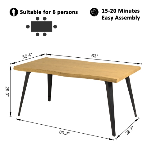 Homy Casa 63 Inch Dining Table Metal Legs for 6 Seater Kitchen Dining Room, NATURAL