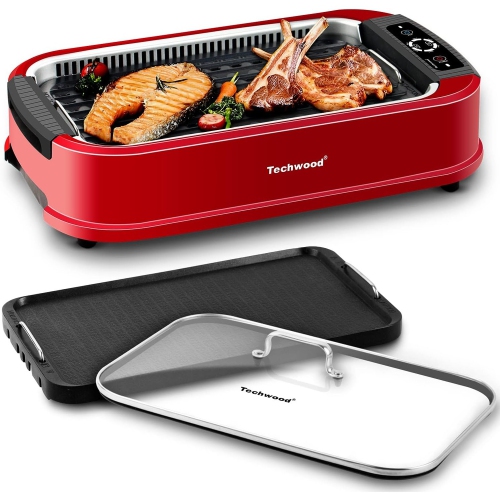 Techwood Smokeless Indoor BBQ Grill, 1500W, LED Control, Drip Tray & Removable Grill Plate