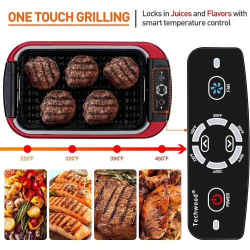 Techwood Smokeless Indoor BBQ Grill, 1500W, LED Control, Drip Tray & Removable Grill Plate