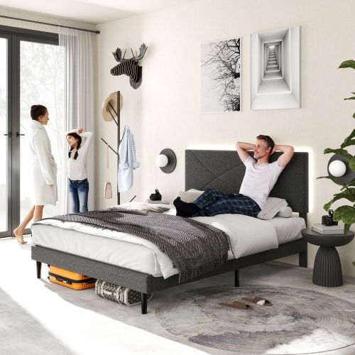 Homy Casa Queen Size Platform Bed Frame with USB Ports Adjustable LED Light Strip Upholstered Headboard, 800 lbs Support Easy Assembly No-Noise, Grey