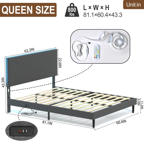 Homy Casa Queen Size Platform Bed Frame with USB Ports Adjustable LED Light Strip Upholstered Headboard, 800 lbs Support Easy Assembly No-Noise, Grey