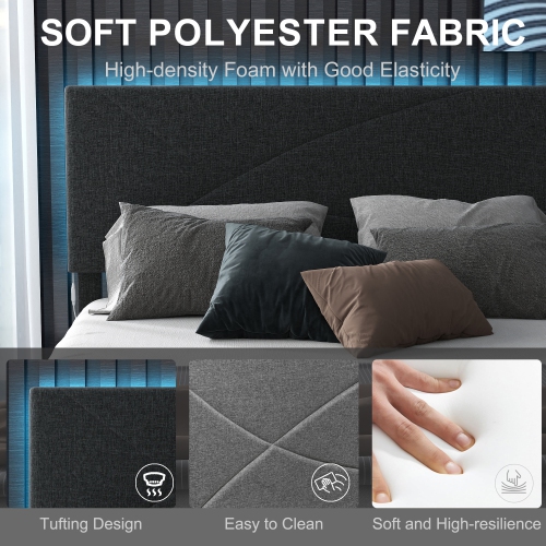 Homy Casa Queen Size Platform Bed Frame with USB Ports Adjustable LED Light Strip Upholstered Headboard, 800 lbs Support Easy Assembly No-Noise, Grey