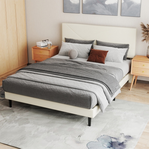 Homy Casa Queen Size Platform Bed Frame with USB Ports Adjustable LED Light Strip Upholstered Headboard, 800 lbs Support Easy Assembly No-Noise, Beige