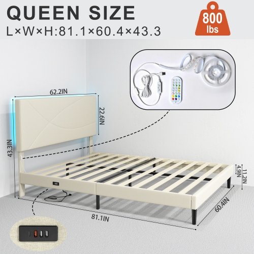 Homy Casa Queen Size Platform Bed Frame with USB Ports Adjustable LED Light Strip Upholstered Headboard, 800 lbs Support Easy Assembly No-Noise, Beige