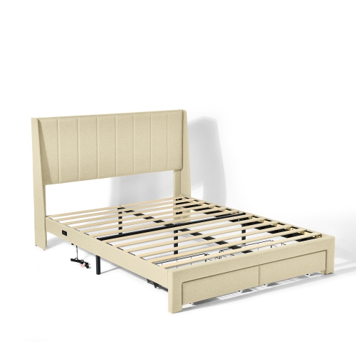 Cadre de grand lit plateforme Casa de Homy, 2 tiroirs de rangement, tête de lit recouverte, ports USB, assemblage facile sans bruit 800&nbsp;lb, base