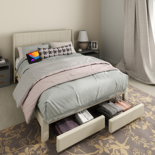 Cadre de grand lit plateforme Casa de Homy, 2 tiroirs de rangement, tête de lit recouverte, ports USB, assemblage facile sans bruit 800 lb, base