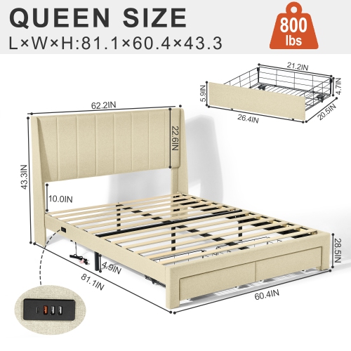 Cadre de grand lit plateforme Casa de Homy, 2 tiroirs de rangement, tête de lit recouverte, ports USB, assemblage facile sans bruit 800 lb, base