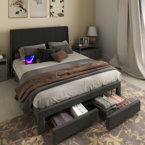 Homy Casa Queen Size Platform Bed Frame with 2 Storage Drawers USB Ports Upholstered Headboard, 800 lbs Support No-Noise Easy Assembly, Wooden Slat