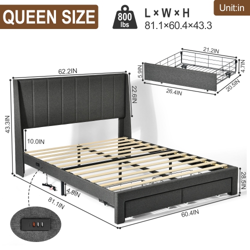 Homy Casa Queen Size Platform Bed Frame with 2 Storage Drawers USB Ports Upholstered Headboard, 800 lbs Support No-Noise Easy Assembly, Wooden Slat