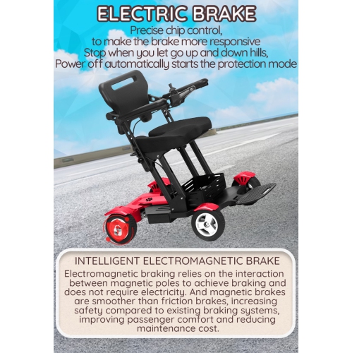 Fauteuil roulant pliable motorisé pour adultes Titan, scooter robuste léger, manette Smart Control, coussin de siège et panier de rangement - Rouge