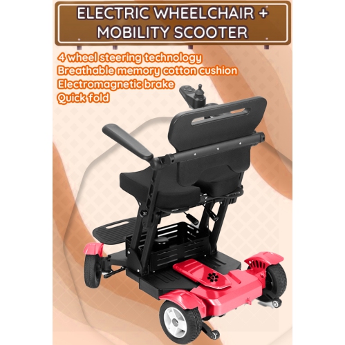 Fauteuil roulant pliable motorisé pour adultes Titan, scooter robuste léger, manette Smart Control, coussin de siège et panier de rangement - Rouge
