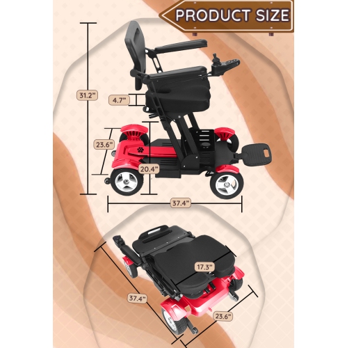 Fauteuil roulant pliable motorisé pour adultes Titan, scooter robuste léger, manette Smart Control, coussin de siège et panier de rangement - Rouge