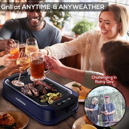 CUSIMAX Smokeless Indoor Electric Grill, Portable Korean BBQ Grill with Turbo Smoke Extractor, Non-Stick Plate & Glass Lid.