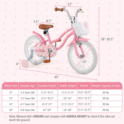 Costway 16" Kids Bike Toddler Adjustable Bicycle with Training Wheel for 4-7 Years Old Girl Pink